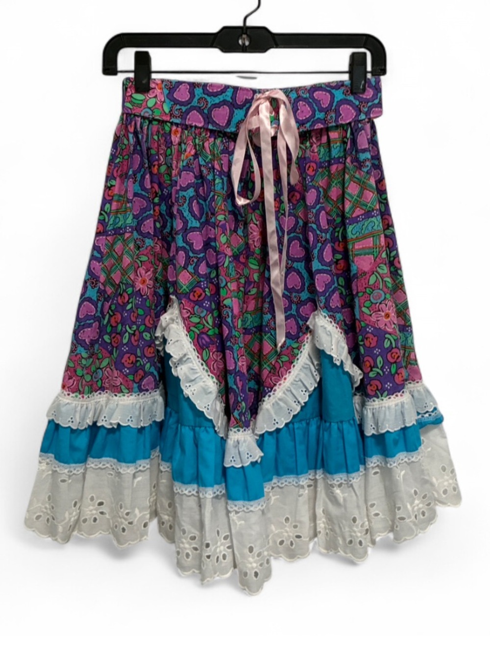 Vintage Fun and Fancy Patchwork Floral Heart Print Tiered Skirt with Eyelet Trim